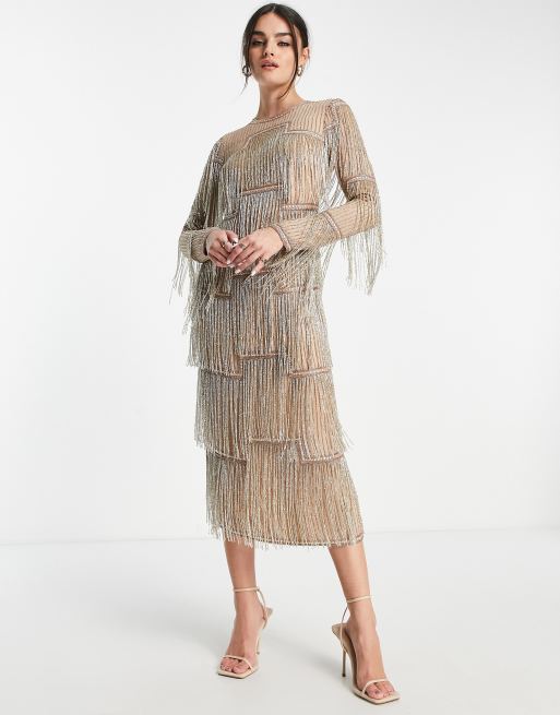 ASOS DESIGN - Vestito midi a maniche lunghe beige con decorazioni, 4 di 4