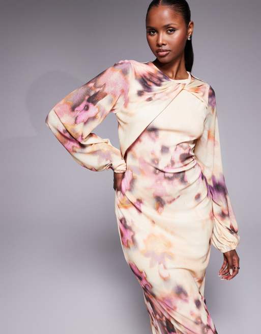 ASOS DESIGN - Vestito midi a maniche lunghe beige con fiori stile macchie e intreccio sul collo, 4 di 4