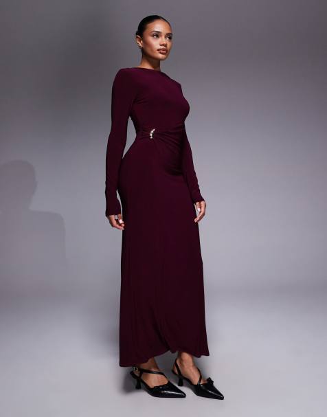 ASOS DESIGN - Vestito midi a maniche lunghe bordeaux con dettaglio attorcigliato in metallo - view 1