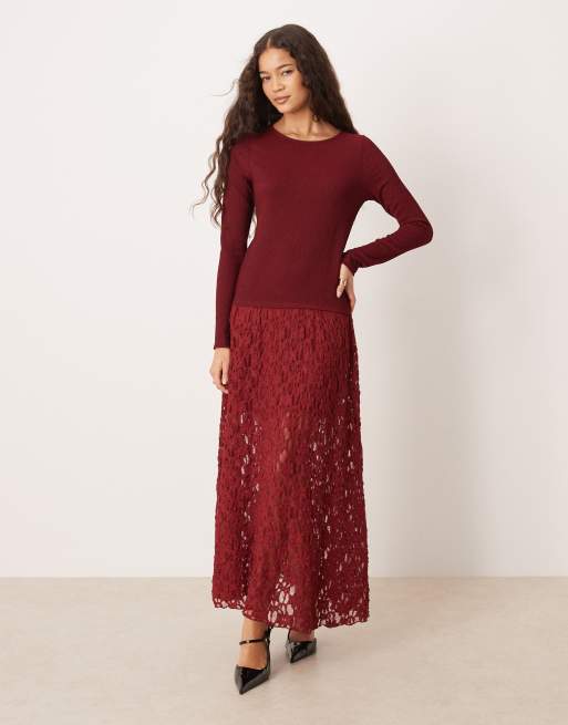 ASOS DESIGN - Vestito midi a maniche lunghe color bordeaux con vita scesa e gonna in pizzo