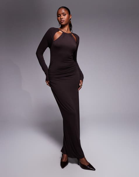 ASOS DESIGN - Vestito midi a maniche lunghe color cioccolato con cut-out sul collo e drappeggio - view 1