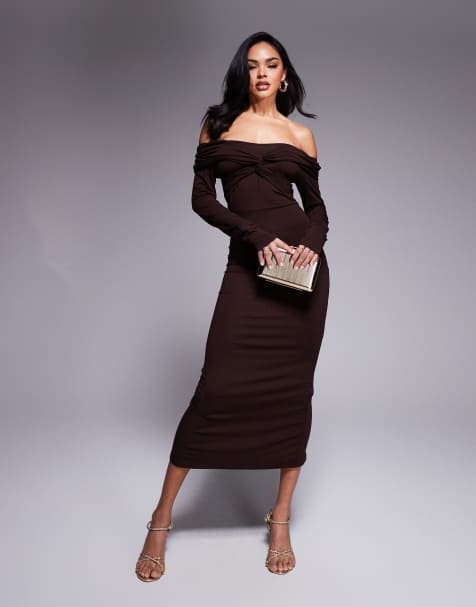 ASOS DESIGN - Vestito midi a maniche lunghe color cioccolato con incrocio e spalle scoperte - view 1