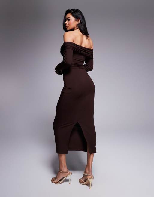 ASOS DESIGN - Vestito midi a maniche lunghe color cioccolato con incrocio e spalle scoperte, 3 di 4