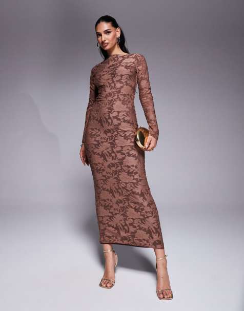 ASOS DESIGN - Vestito midi a maniche lunghe color cioccolato dévoré con dettaglio argentato sulla schiena - view 1