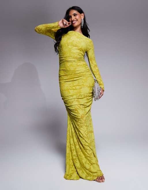 ASOS DESIGN - Vestito midi a maniche lunghe con arricciature lime dévoré
