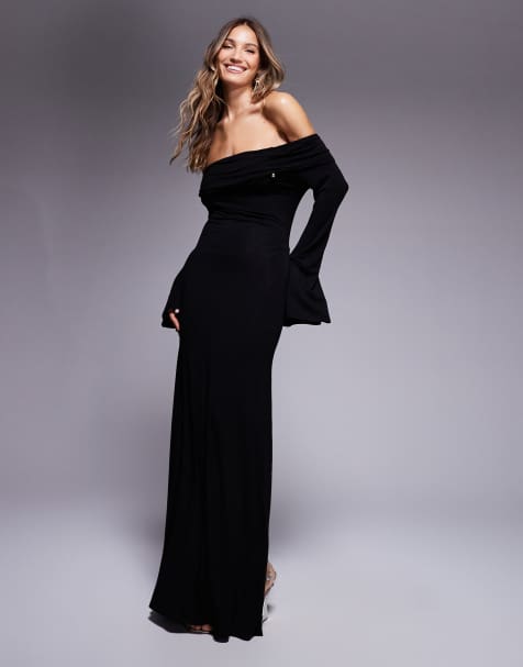 ASOS DESIGN - Vestito midi a maniche lunghe con scollo Bardot e arricciature nero con spille dorate - view 1