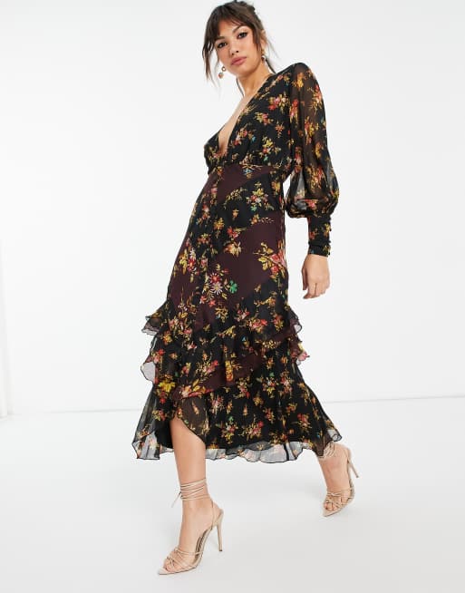 ASOS DESIGN - Vestito midi a maniche lunghe con scollo profondo con bottoni e gonna con volant a fiori misti