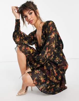 Vestito midi a maniche lunghe con scollo profondo con bottoni e gonna con volant a fiori misti-Multicolore - ASOS DESIGN  donna Multicolore - immagine2