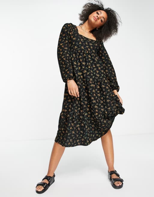 ASOS DESIGN - Vestito midi a maniche lunghe con scollo squadrato nero a fiori gialli