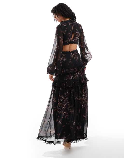 ASOS DESIGN - Vestito midi a maniche lunghe con stampa a fiori vintage e cut-out, 3 di 4