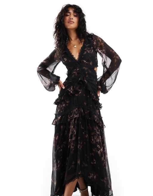 ASOS DESIGN - Vestito midi a maniche lunghe con stampa a fiori vintage e cut-out, 4 di 4