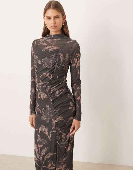 ASOS DESIGN - Vestito midi a maniche lunghe drappeggiato con arricciature sul davanti e stampa di colore scuro