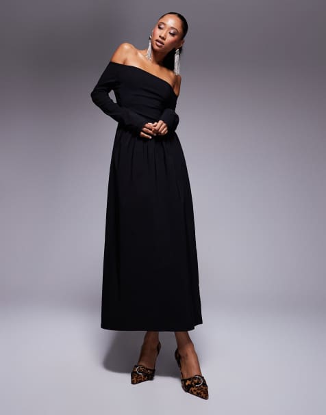 ASOS DESIGN - Vestito midi a maniche lunghe in bengalina nero con scollo alla Bardot - view 1