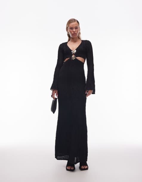 ASOS DESIGN - Vestito midi a maniche lunghe in maglia nero all'uncinetto con volant e dettagli in metallo color oro - view 1