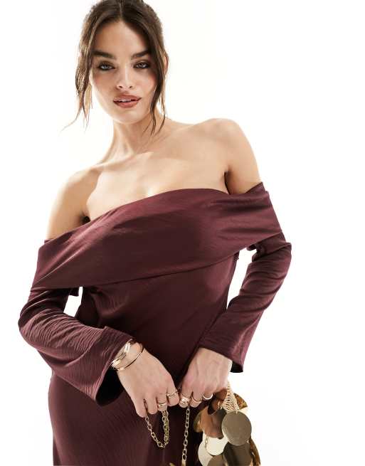 ASOS DESIGN - Vestito midi a maniche lunghe in raso color vino a strati con scollo bardot, 2 di 4