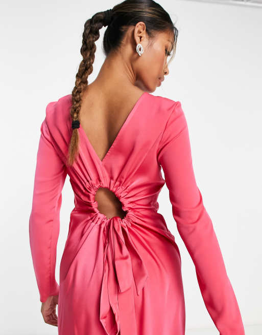 ASOS DESIGN - Vestito midi a maniche lunghe in raso rosa con coulisse sul retro, 3 di 4
