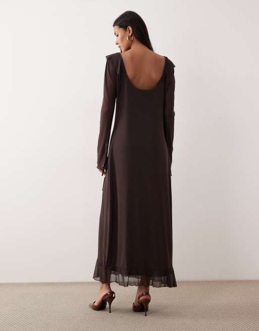 ASOS DESIGN - Vestito midi a maniche lunghe in rete con scollo con volant, 2 di 4