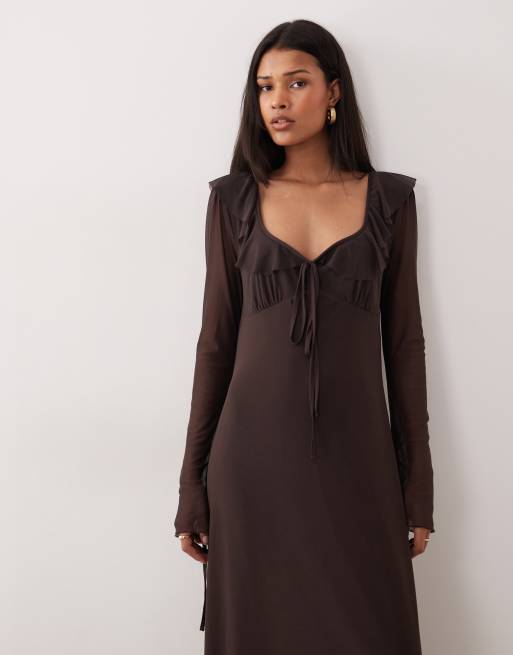 ASOS DESIGN - Vestito midi a maniche lunghe in rete con scollo con volant, 3 di 4