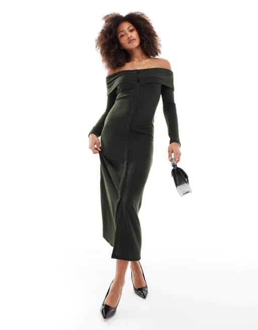 ASOS DESIGN - Vestito midi a maniche lunghe kaki con bottoni e scollo Bardot