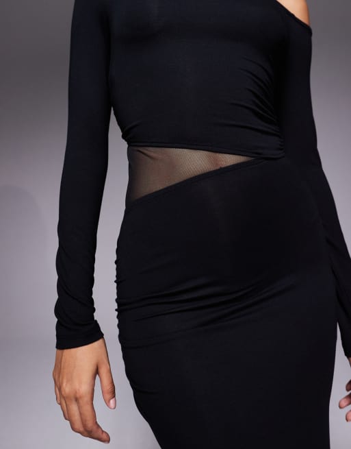 ASOS DESIGN - Vestito midi a maniche lunghe nero con pannello asimmetrico in rete in vita, 3 di 4