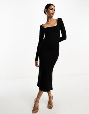 ASOS DESIGN square neck softline long sleeve midi dress in black - ASOS Price Checker