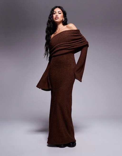 ASOS DESIGN - Vestito midi a maniche lunghe soffice color cioccolato con scollo Bardot