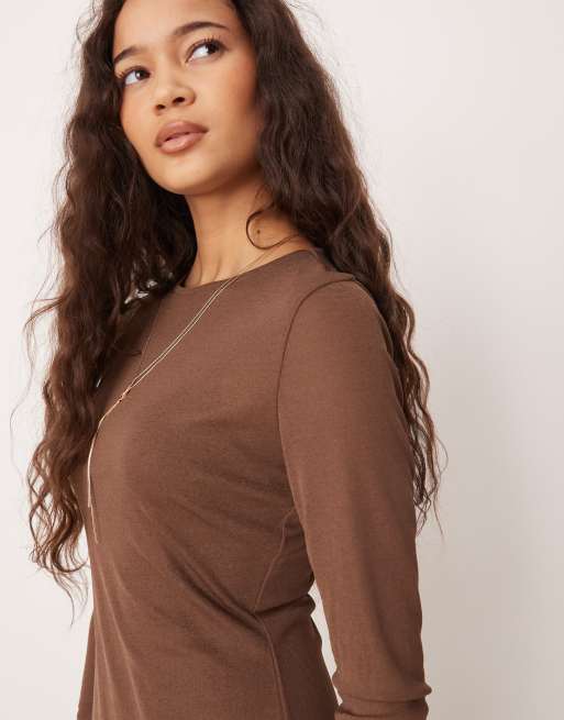 ASOS DESIGN - Vestito midi a maniche lunghe trasparente color cioccolato a doppio strato, 4 di 4