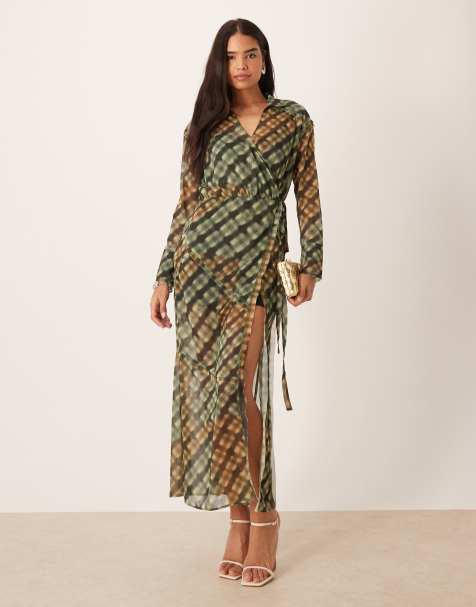 ASOS DESIGN - Vestito midi a maniche lunghe verde a quadri con gonna avvolgente - view 1