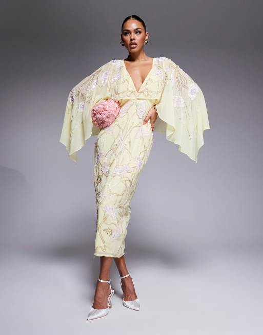 ASOS DESIGN - Vestito midi a mantella giallo pallido decorato con fiori , 4 di 4