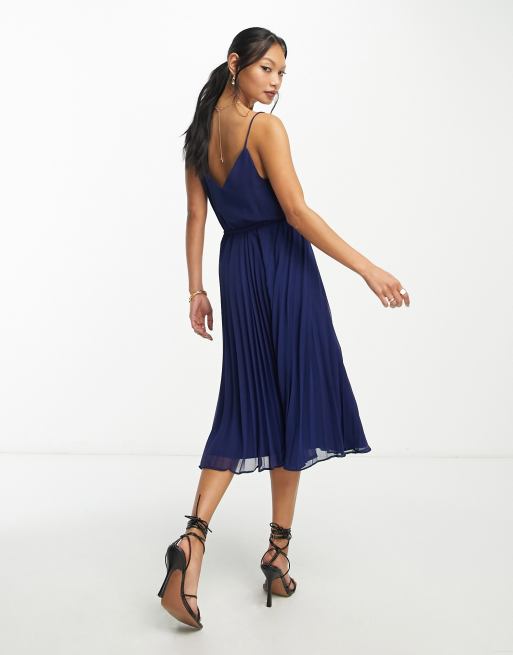 ASOS DESIGN - Vestito midi a pieghe blu navy con spalline e coulisse in vita, 2 di 4