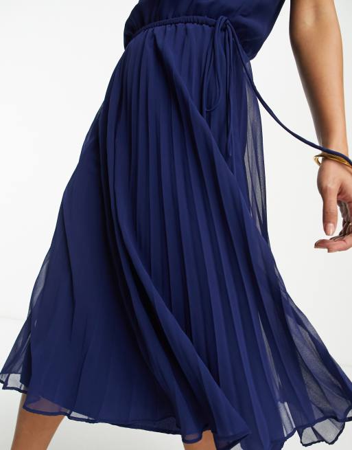 ASOS DESIGN - Vestito midi a pieghe blu navy con spalline e coulisse in vita, 3 di 4