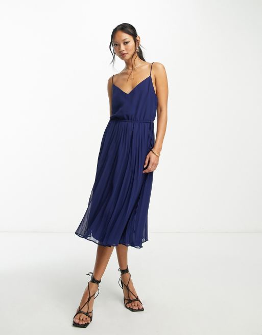 ASOS DESIGN - Vestito midi a pieghe blu navy con spalline e coulisse in vita, 4 di 4