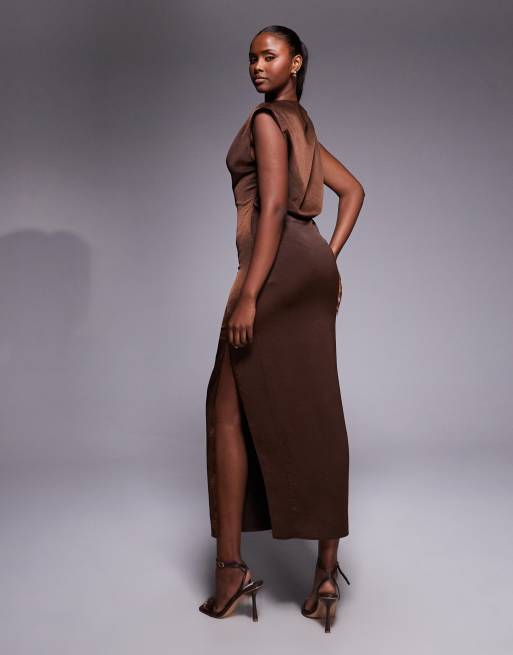 ASOS DESIGN - Vestito midi a pieghe color cioccolato accollato, 2 di 4