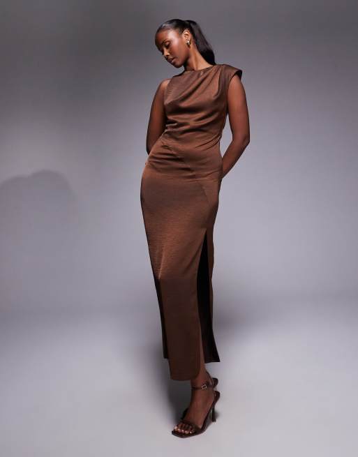 ASOS DESIGN - Vestito midi a pieghe color cioccolato accollato, 3 di 4