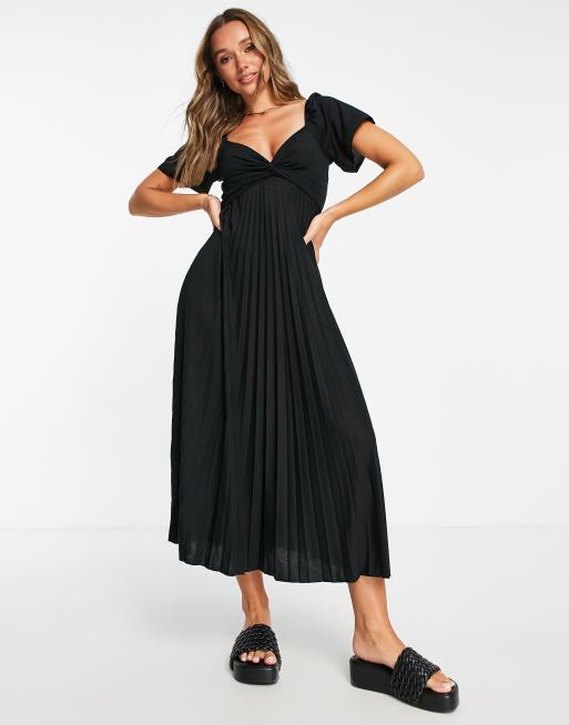 ASOS DESIGN - Vestito midi a pieghe con dettaglio con nodo nero