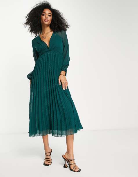 ASOS DESIGN - Vestito midi a pieghe con incrocio frontale in tessuto plumetis verde - view 1