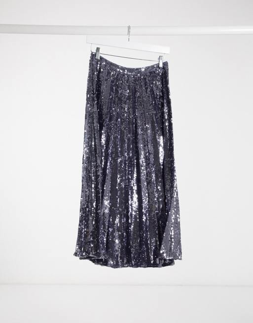 ASOS DESIGN - Vestito midi a pieghe con paillettes piombo