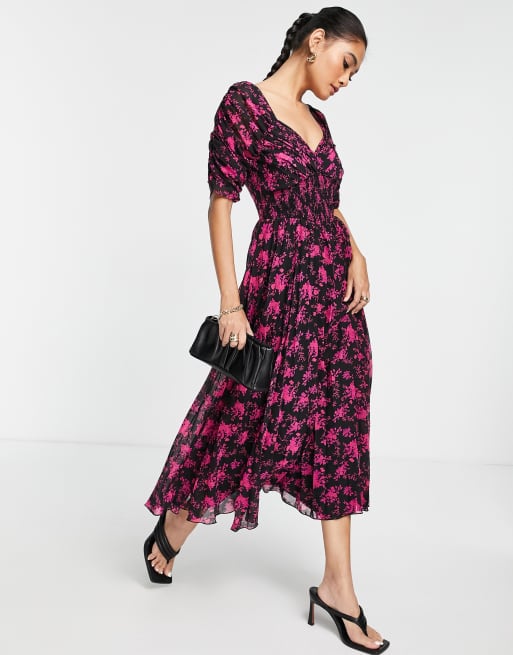 ASOS DESIGN - Vestito midi a pieghe con ruches frontali e arricciato in vita a fiori su base nera