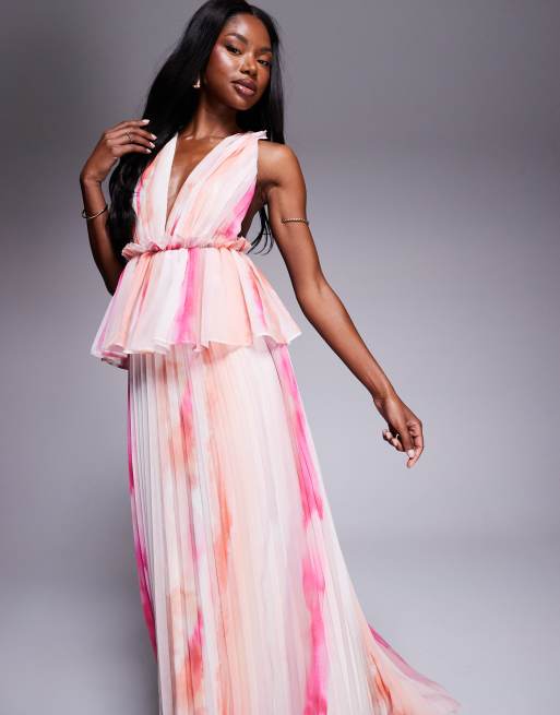 ASOS DESIGN - Vestito midi a pieghe con scollo profondo, peplo e stampa a righe sfumate, 4 di 4