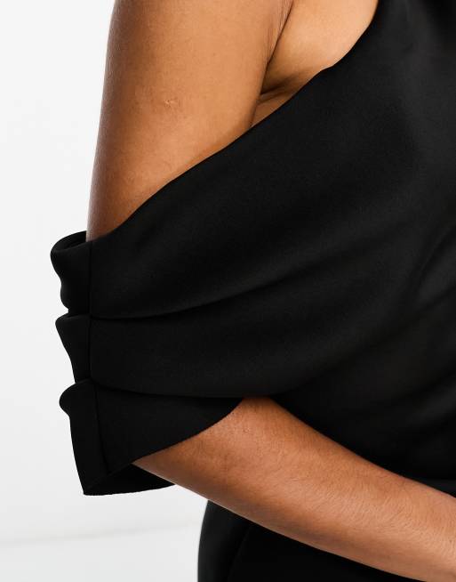 ASOS DESIGN - Vestito midi a pieghe con spalle scivolate in tessuto effetto scuba nero, 2 di 4