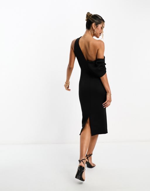 ASOS DESIGN - Vestito midi a pieghe con spalle scivolate in tessuto effetto scuba nero, 3 di 4