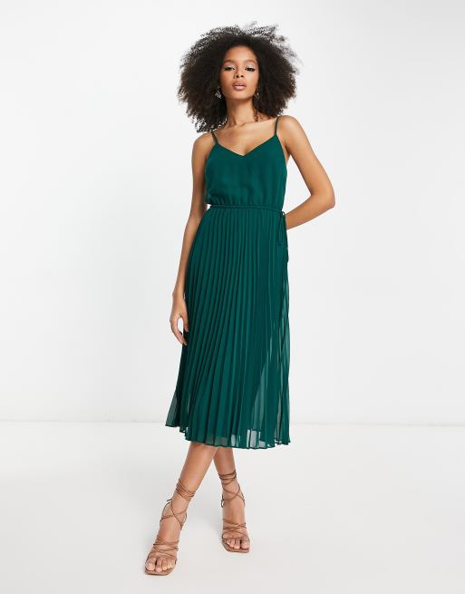 ASOS DESIGN - Vestito midi a pieghe con spalline sottili e coulisse in vita verde