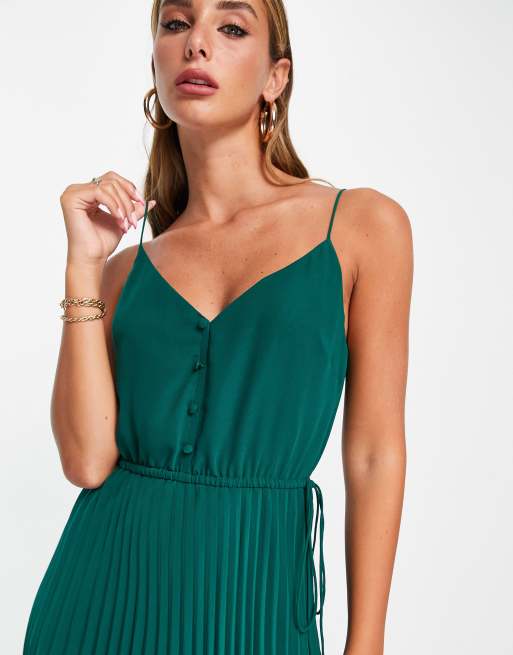 ASOS DESIGN - Vestito midi accollato con spalline imbottite e incrociato  sul davanti verde bosco