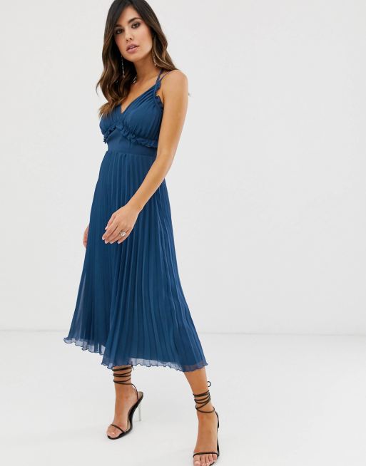 ASOS DESIGN - Vestito midi a pieghe con spalline sottili