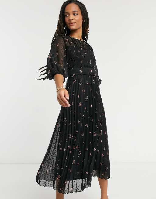 ASOS DESIGN - Vestito midi a pieghe in plumetis con stampa a fiori