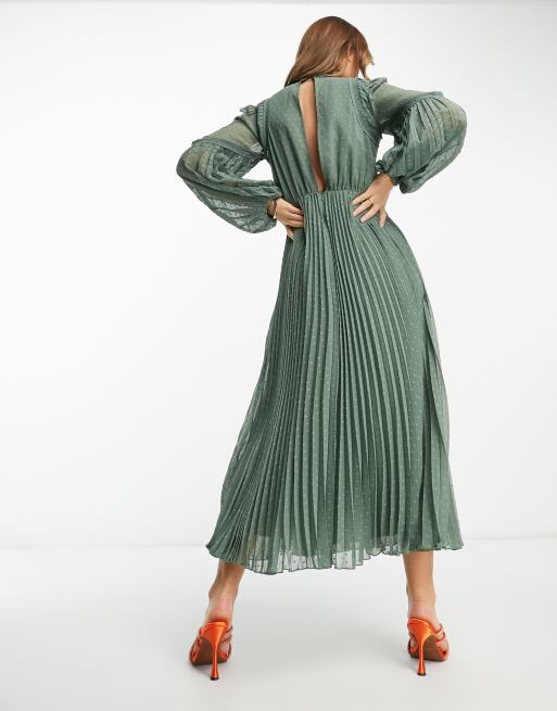 ASOS DESIGN - Vestito midi a pieghe kaki ricamato con inserto in pizzo, 2 di 4