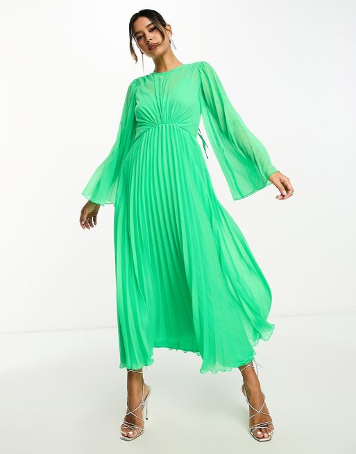 ASOS DESIGN - Vestito midi a pieghe verde allacciato sul retro con maniche  svasate