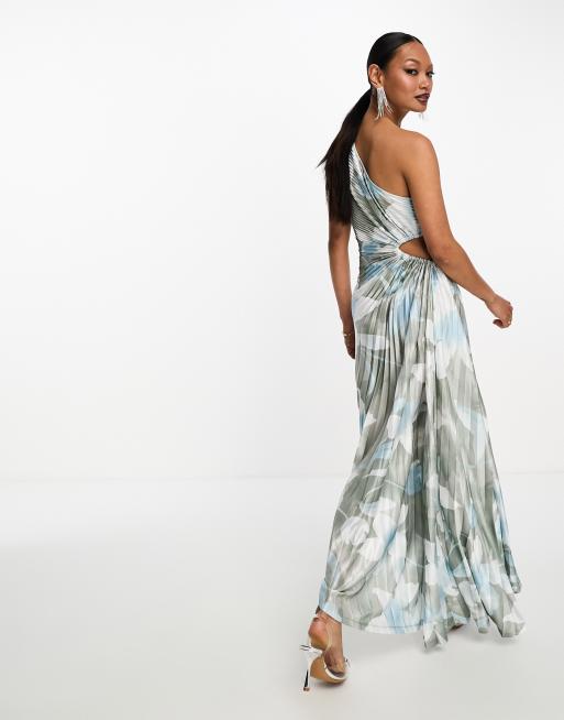 ASOS DESIGN - Vestito midi a pieghe verde con fiori oversize e cut-out asimmetrico, 2 di 4