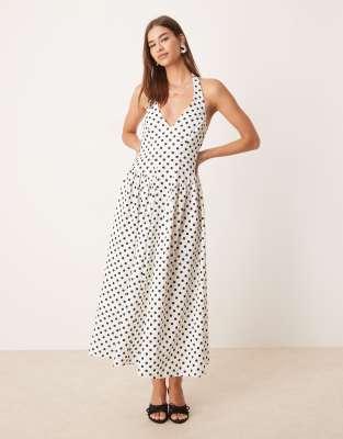 ASOS DESIGN - Vestito midi a pois allacciato al collo con corsetto e gonna godet - view 1