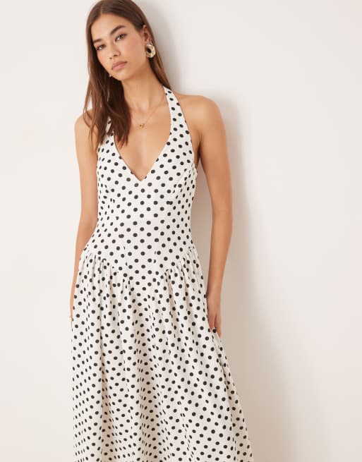 ASOS DESIGN - Vestito midi a pois allacciato al collo con corsetto e gonna godet, 3 di 4